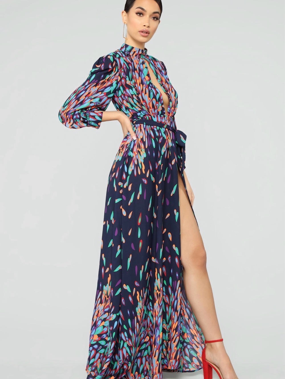 Fashion Nova Black Multi-Color Printed Maxi Dress with Keyhole Neck - Picture 5 of 7